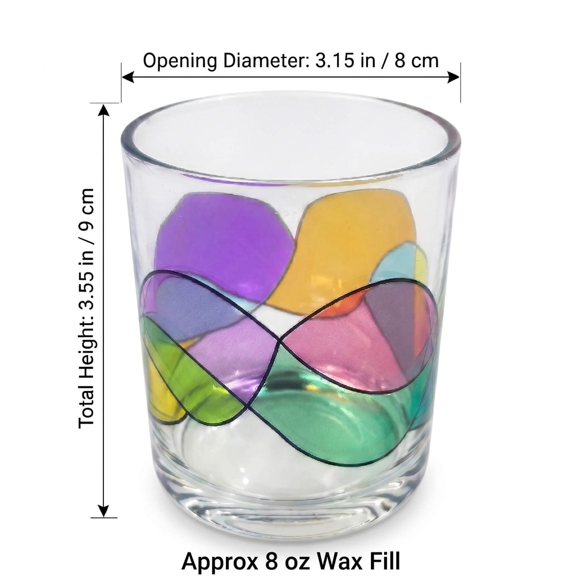 B2B dimension chart for abstract fluid glass candle jar showing 8x9cm size 80mm diameter and 8 oz wax fill capacity