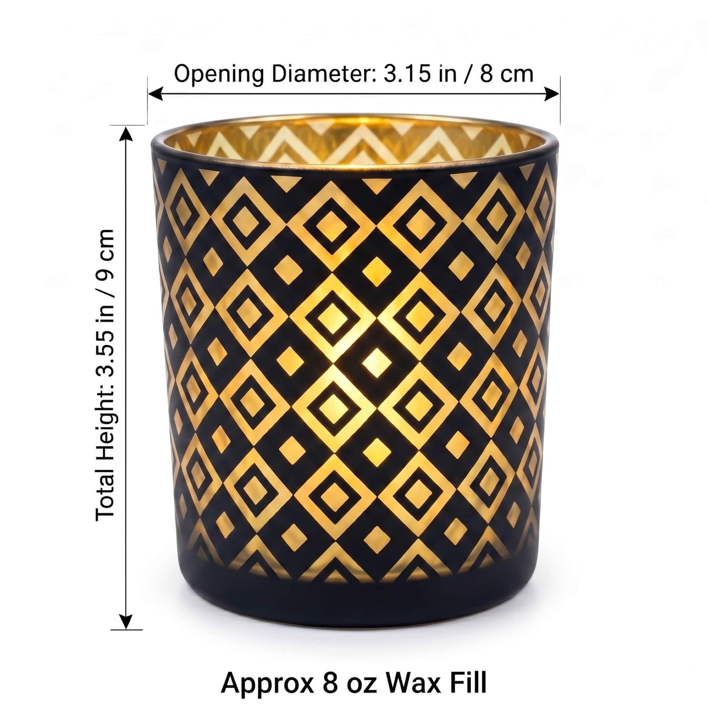 B2B dimension chart for diamond cut out candle glass showing 8x9cm size and 8 oz wax fill