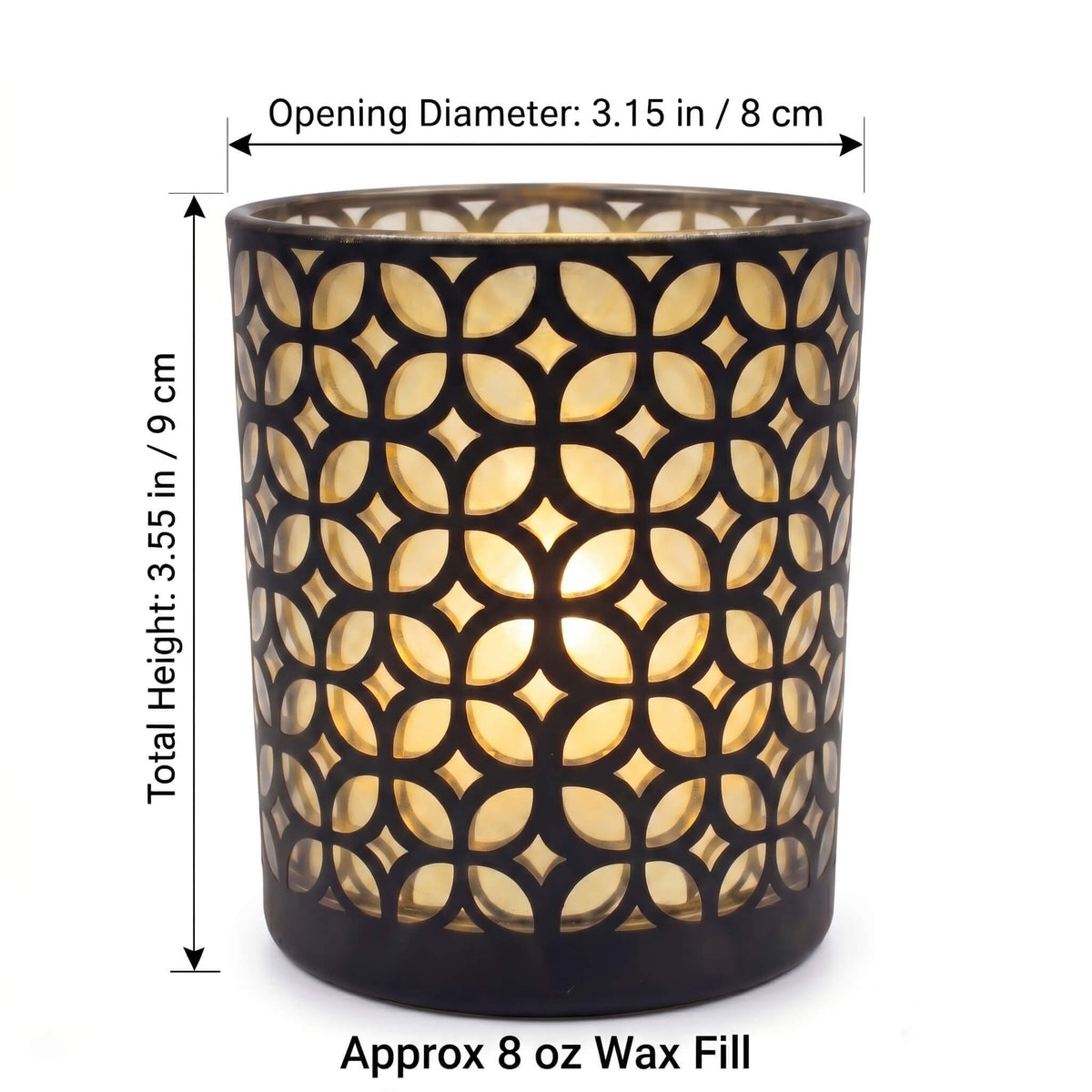 B2B dimension chart for interwoven cut out candle glass showing 8x9cm size and 8 oz wax fill