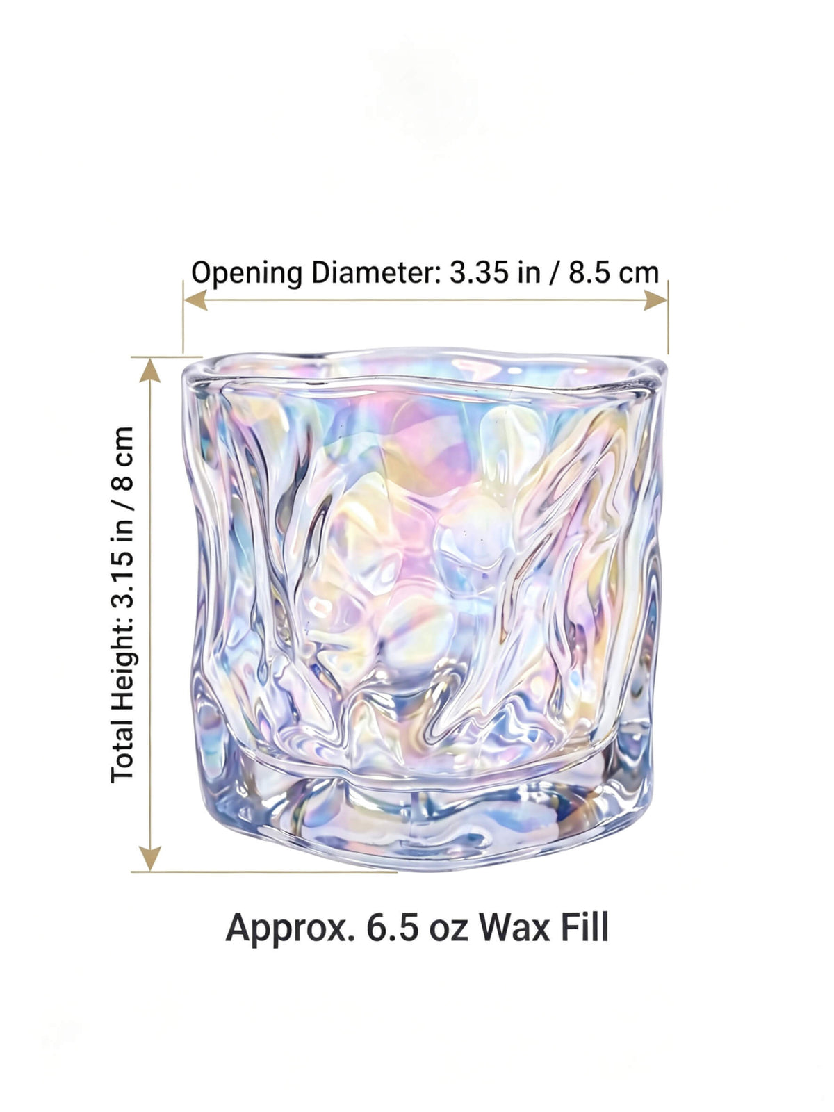 B2B dimension chart for iridescent prism folded candle glass showing 8.5x8cm size and 6.5 oz wax fill capacity