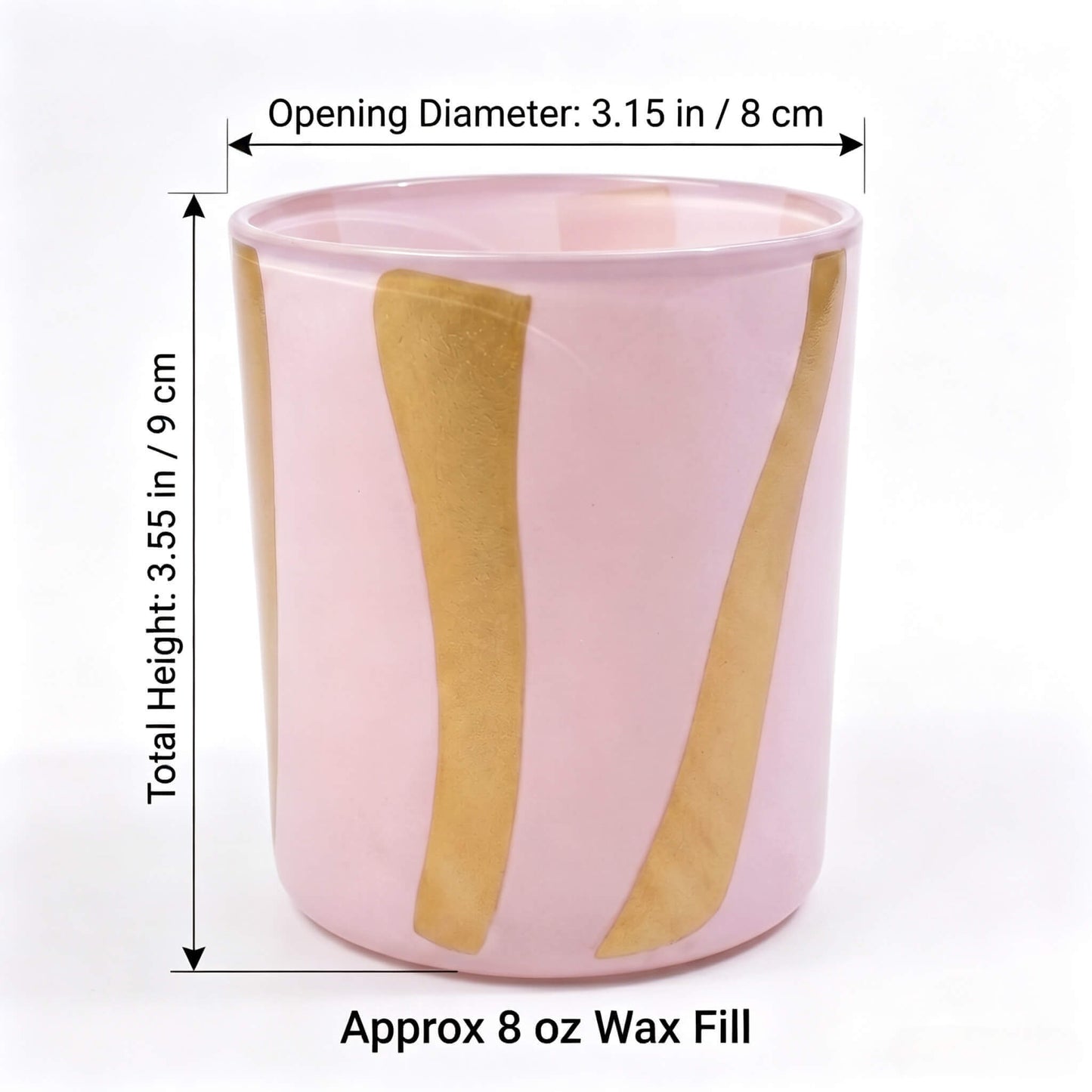 Product specification chart for Nordic stripe candle glass showing 8x9cm dimensions and 8 oz wax fill