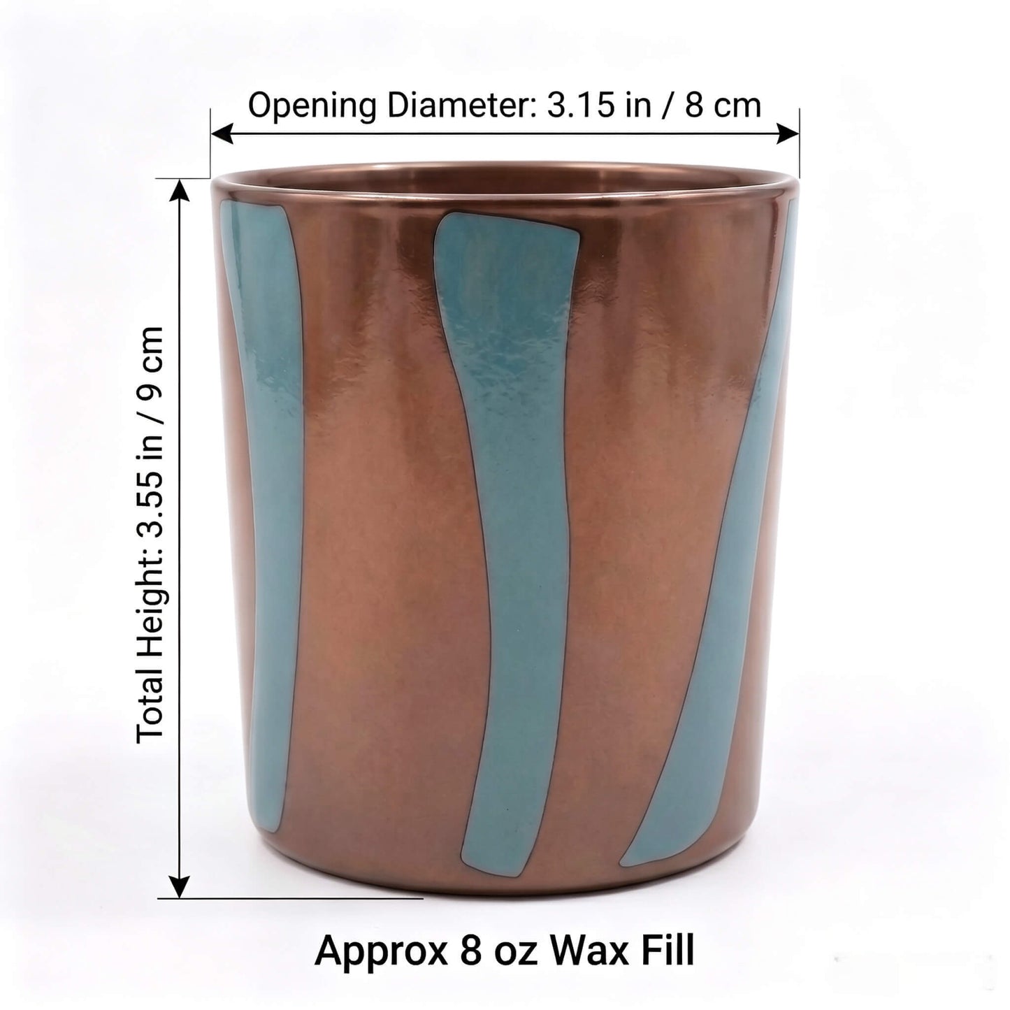 Product specification chart for terracotta and green Nordic stripe candle glass showing 8x9cm dimensions and 8 oz wax fill