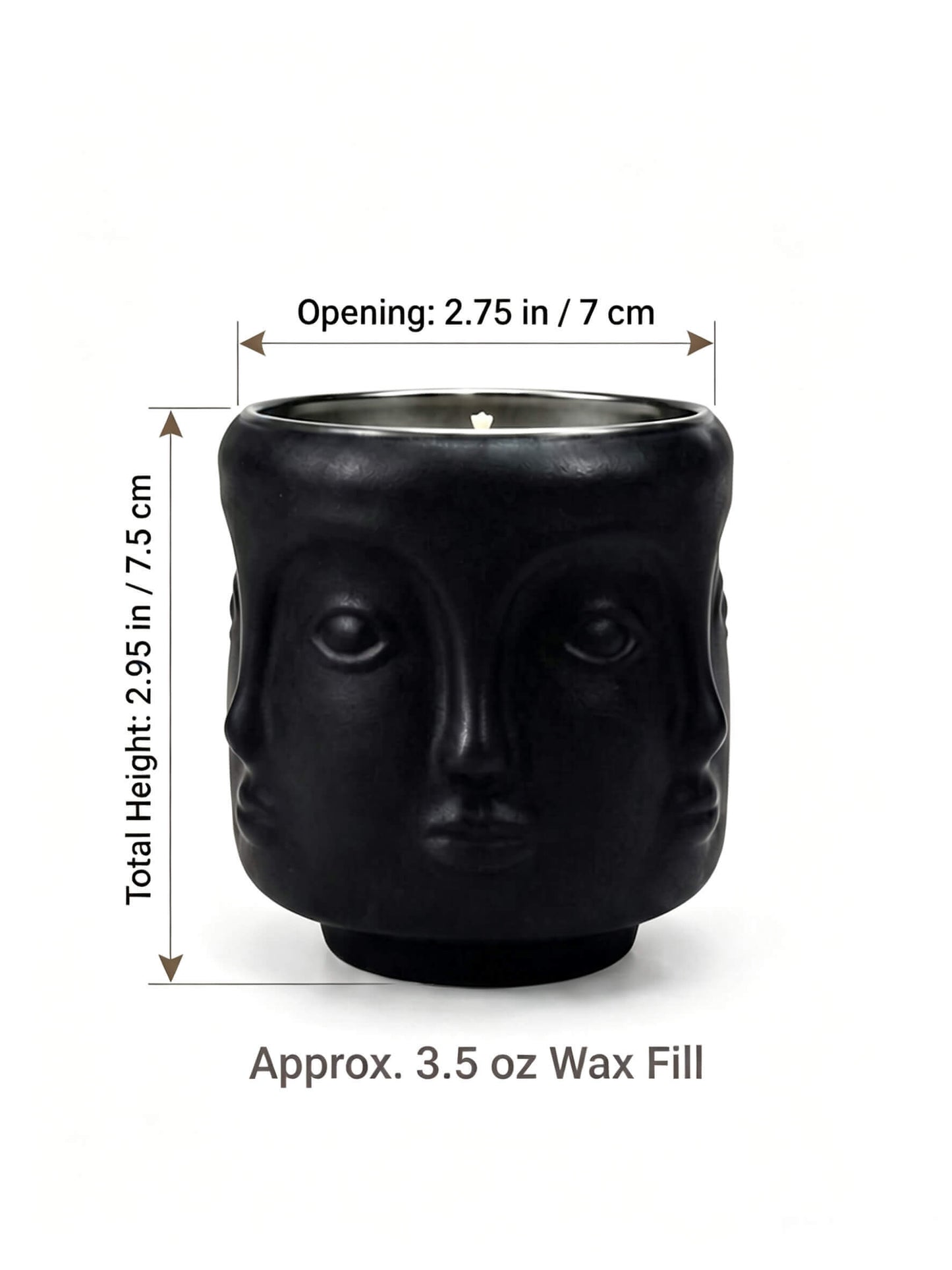 B2B dimension chart for sculptural face candle jar showing 7x7.5cm size and 3.5 oz wax fill