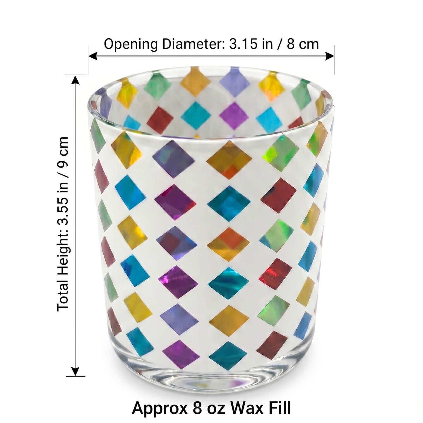 B2B dimension chart for smooth glossy white geometric candle jar showing 8x9cm size 80mm diameter and 8 oz wax fill capacity