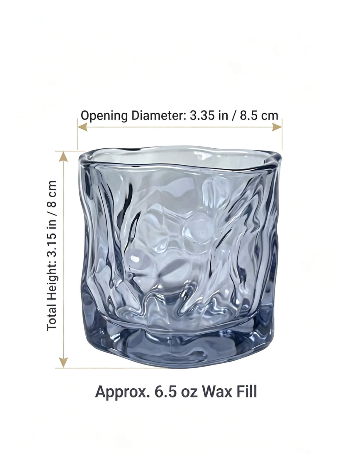 Wabi-Sabi Fold B2B dimension chart for smoky quartz organic glass candle vessel showing 8.5x8cm size and 6.5 oz wax fill