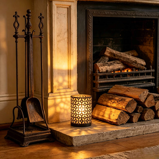 Lit black and gold interwoven cut out candle jar glowing warmly on a stone fireplace hearth for winter cozy aesthetics