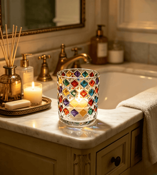 Lit multicolor jewel toned glass candle jar casting colorful light on a luxury marble bathroom vanity