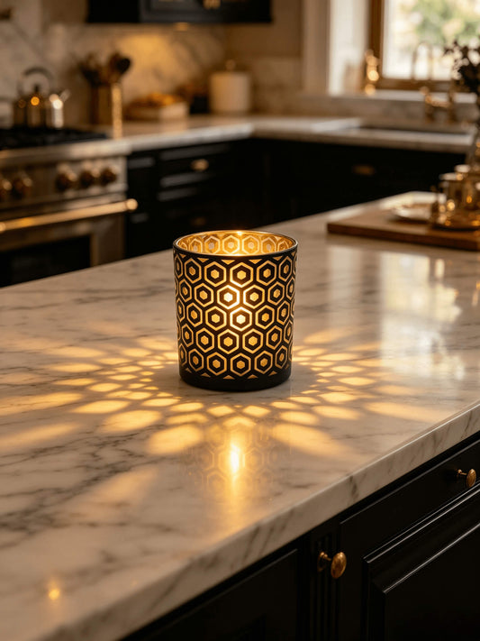 Lit matte black and gold hexagon cut out candle jar casting geometric light projection on a luxury marble kitchen island
