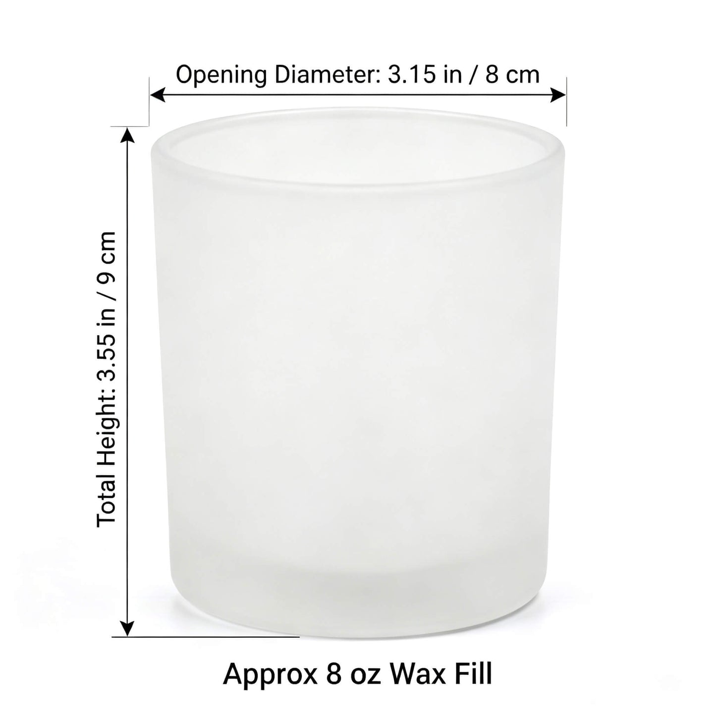 B2B product specification diagram for frosted white candle glass showing 8x9cm dimensions and 8 oz wax fill