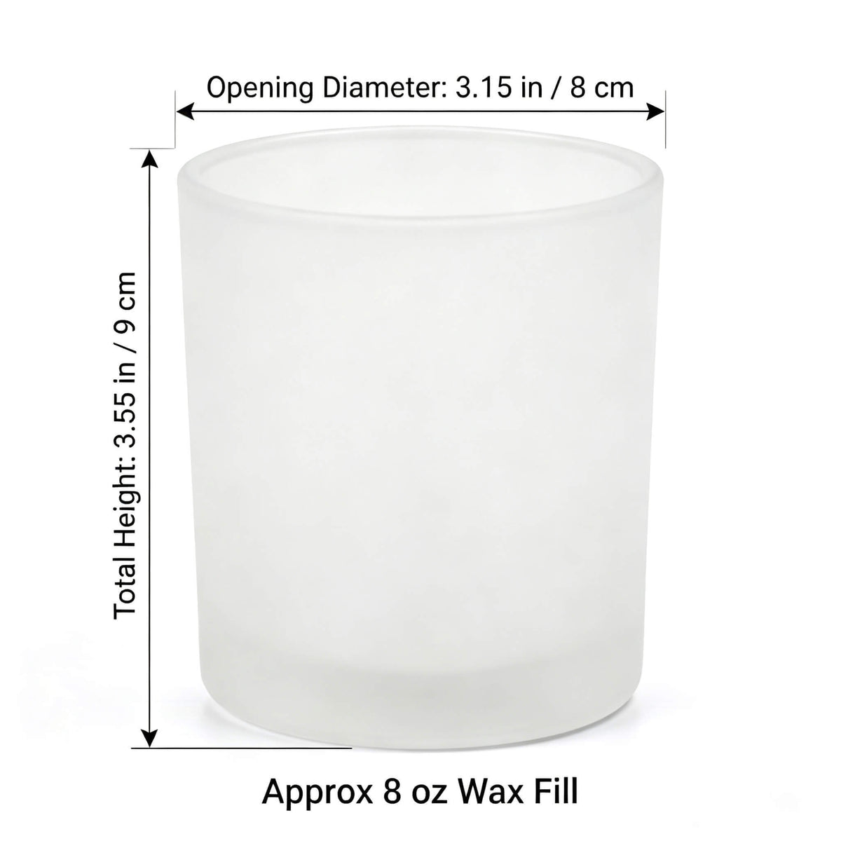 B2B product specification diagram for frosted white candle glass showing 8x9cm dimensions and 8 oz wax fill