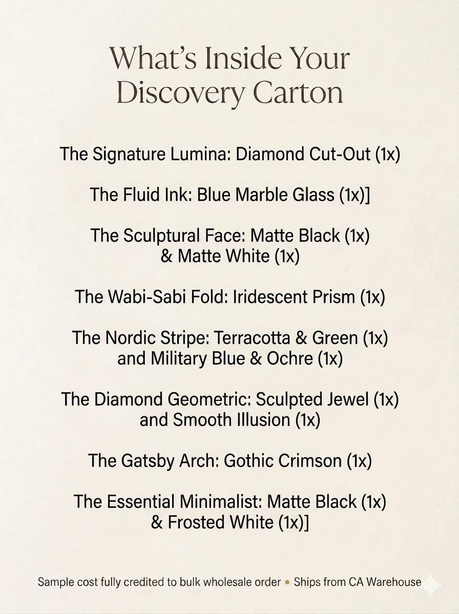 Glass Candle Vessel Text graphic detailing the contents of the Verse & Vessel The Discovery Carton 12-Piece Mixed Sample Box. This wholesale luxury candle vessel kit includes 12 unique empty glass jars: The Signature Lumina Diamond Cut-Out, Fluid Ink Blue Marble Glass, Sculptural Face, Wabi-Sabi Fold, Nordic Stripe, Diamond Geometric, Gatsby Arch, and Essential Minimalist. The footer indicates the sample cost is fully credited toward the first bulk wholesale order and ships from a California warehouse.