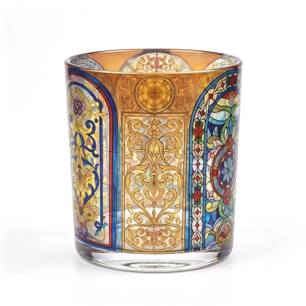 Wholesale amber and gold Art Deco stained glass candle vessel 8 oz