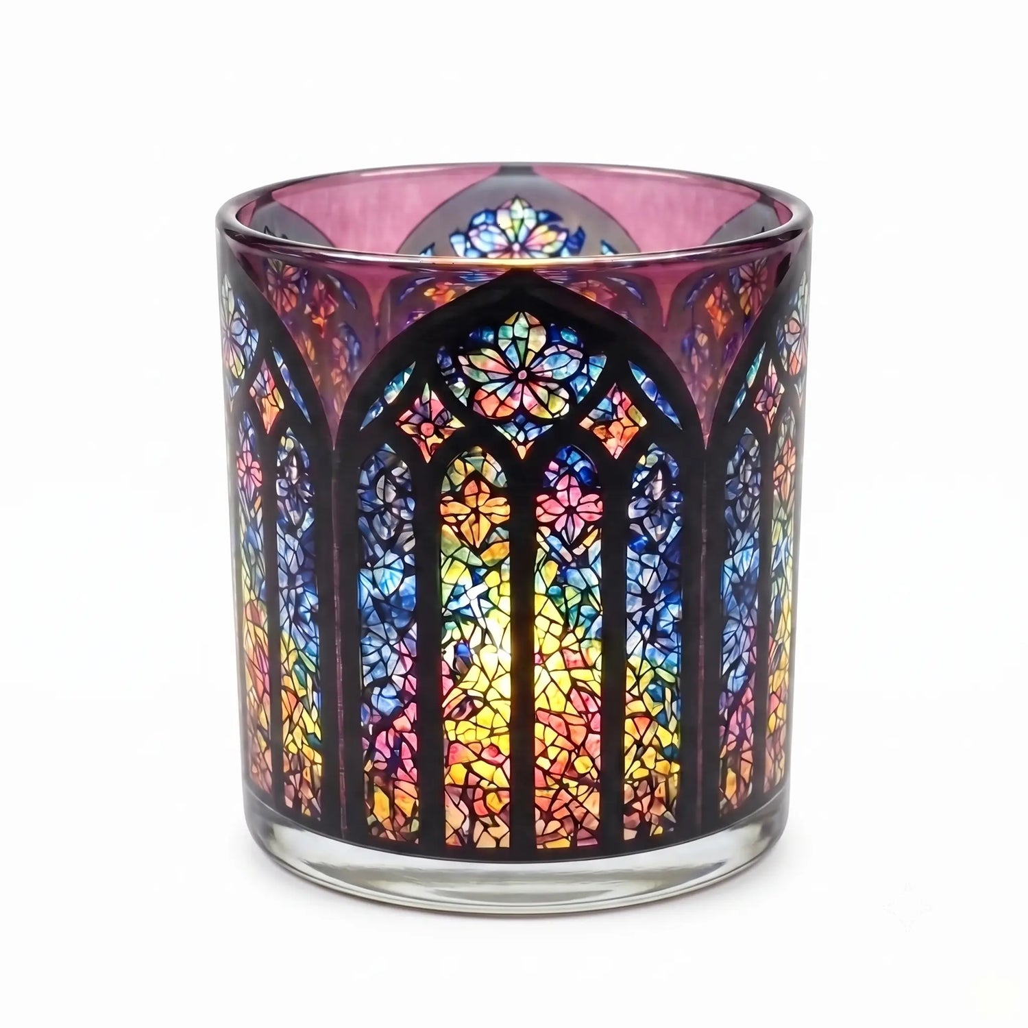 Wholesale Gothic Crimson stained glass candle vessel 8 oz with ruby and amethyst tones
