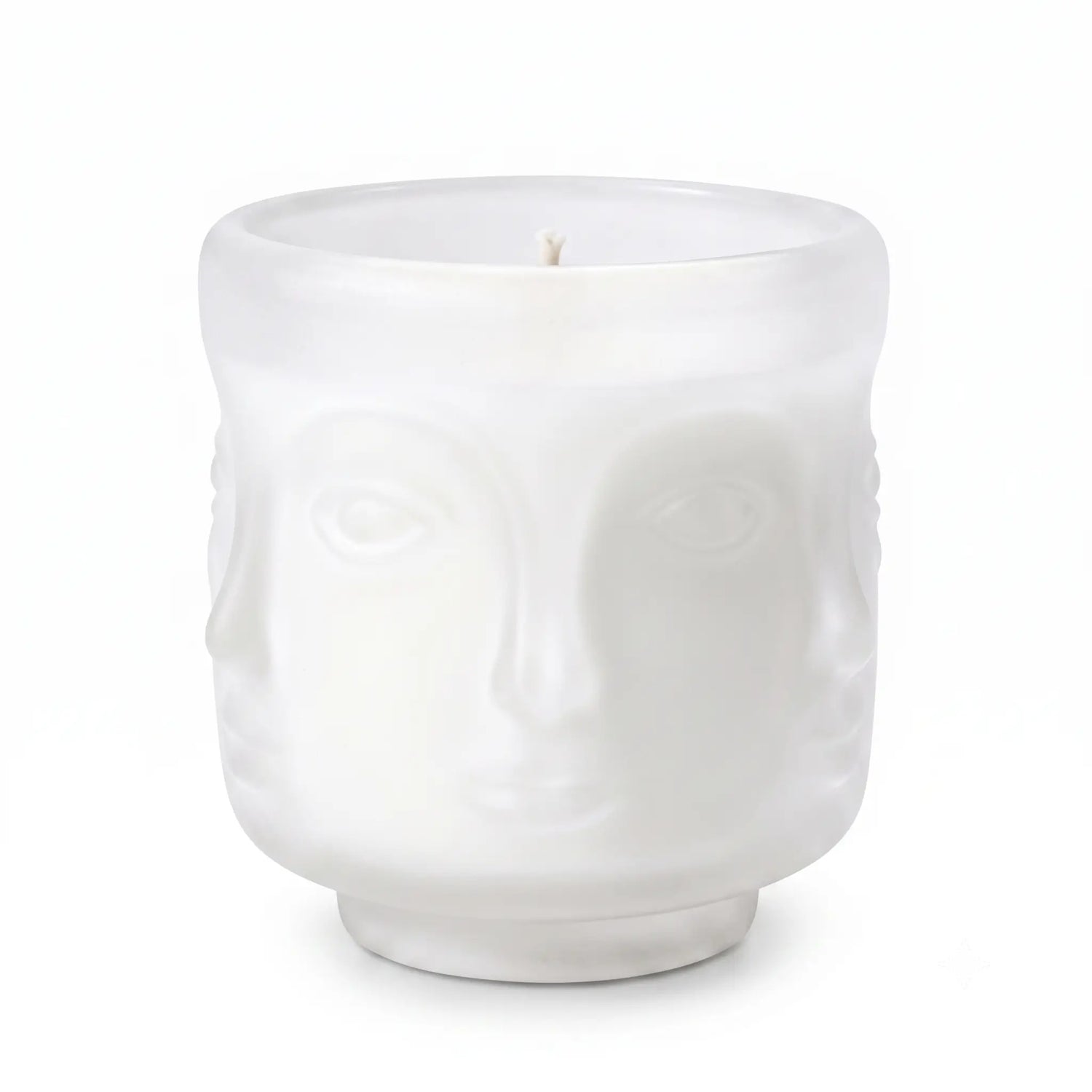 Wholesale matte white 3D sculptural face glass candle vessel 3.5 oz under spotlight