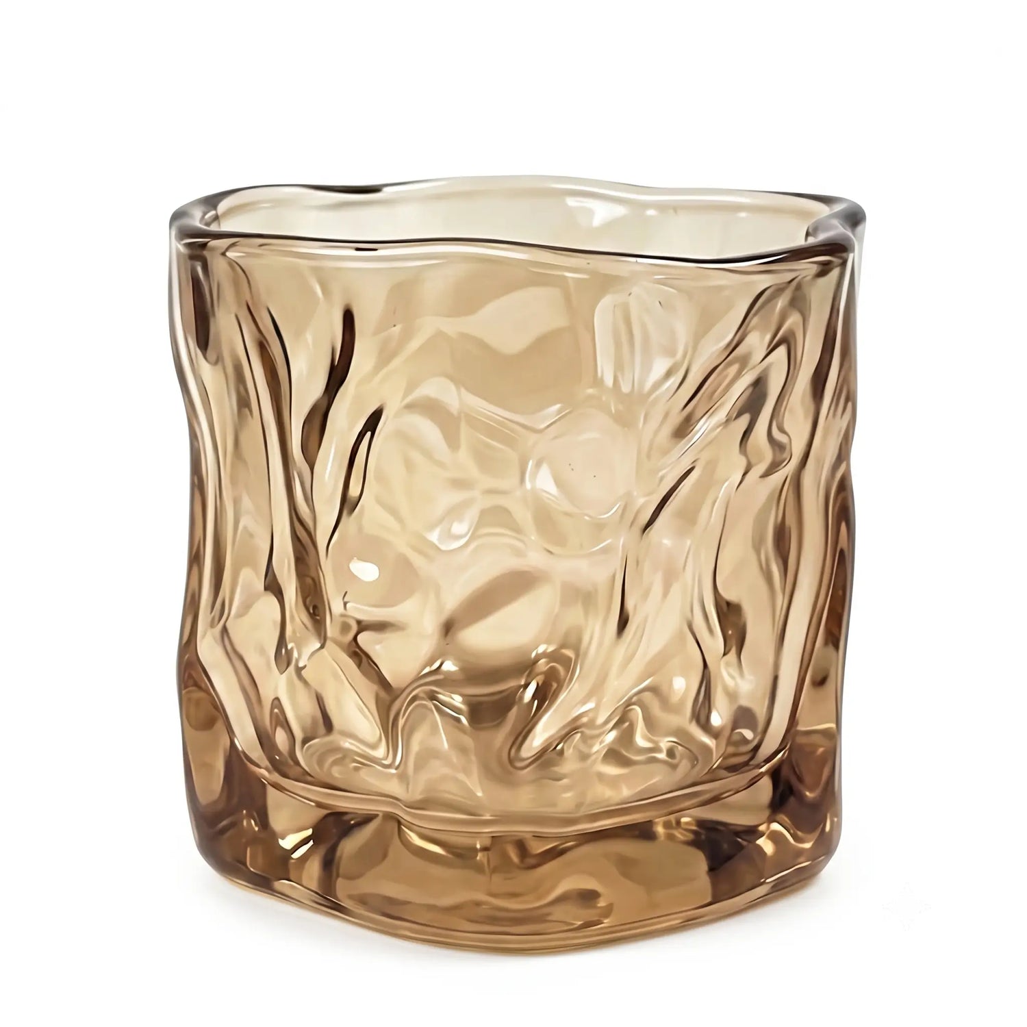 Wholesale amber glow organic folded artisan glass candle vessel 6.5 oz under spotlight