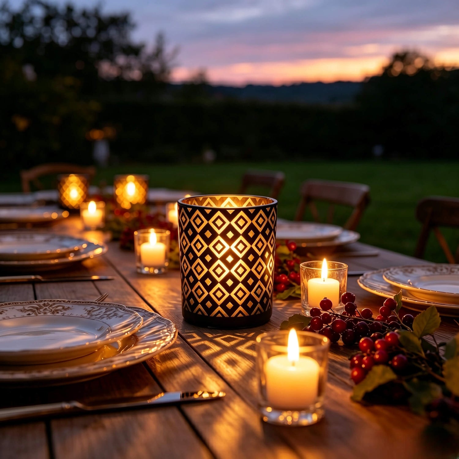 Lit matte black and gold diamond cut out candle jar glowing on a rustic outdoor dining table at sunset
