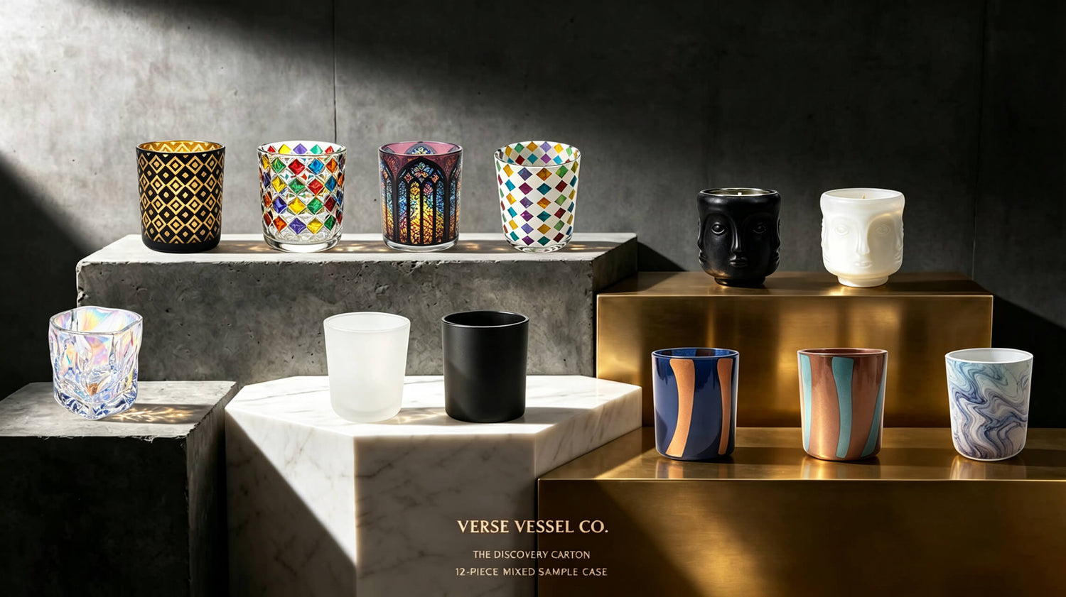 Wholesale 12 piece mixed candle vessel sample box featuring luxury architectural glass jars for brand testing