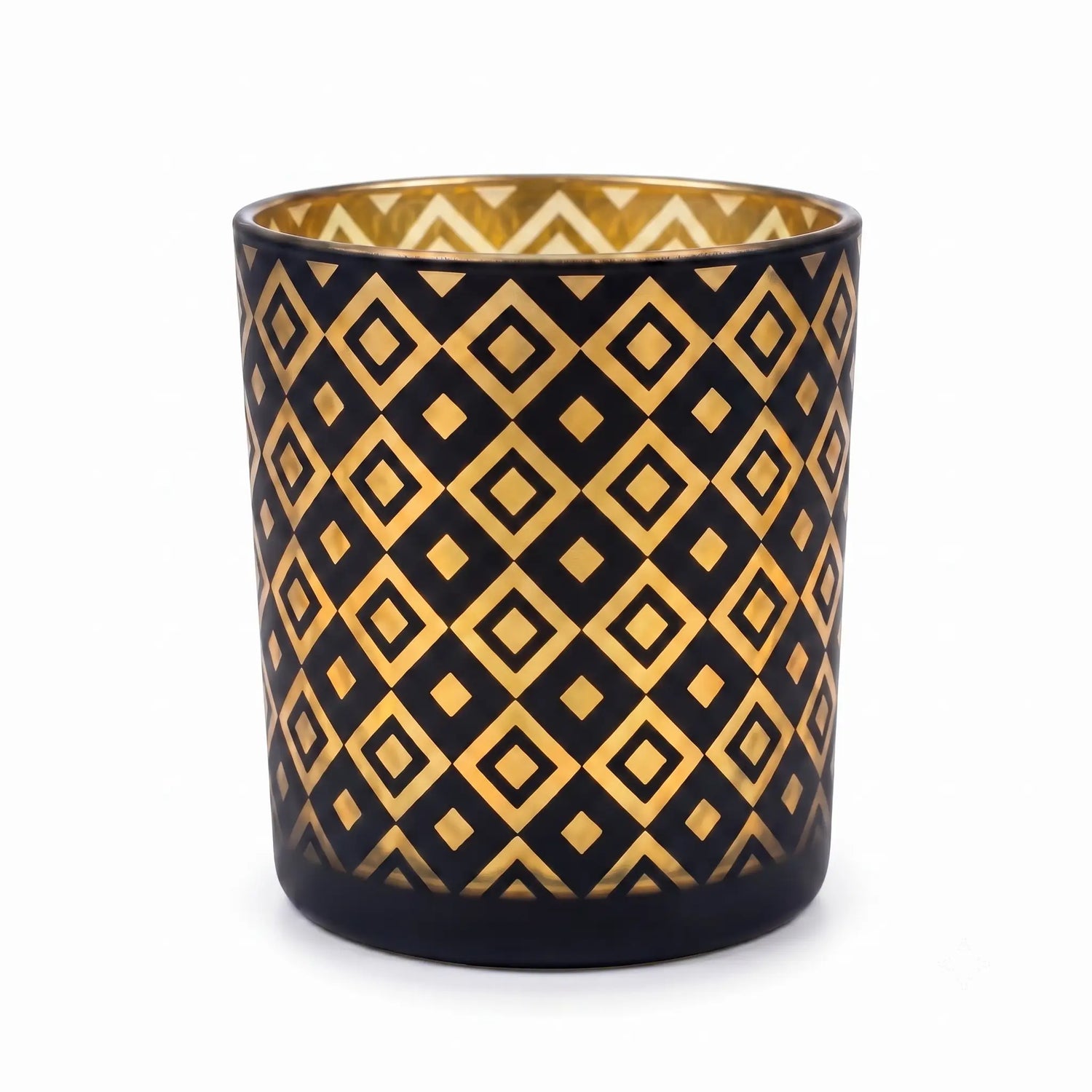 Wholesale matte black and gold diamond cut out candle vessel 8 oz casting geometric light shadows