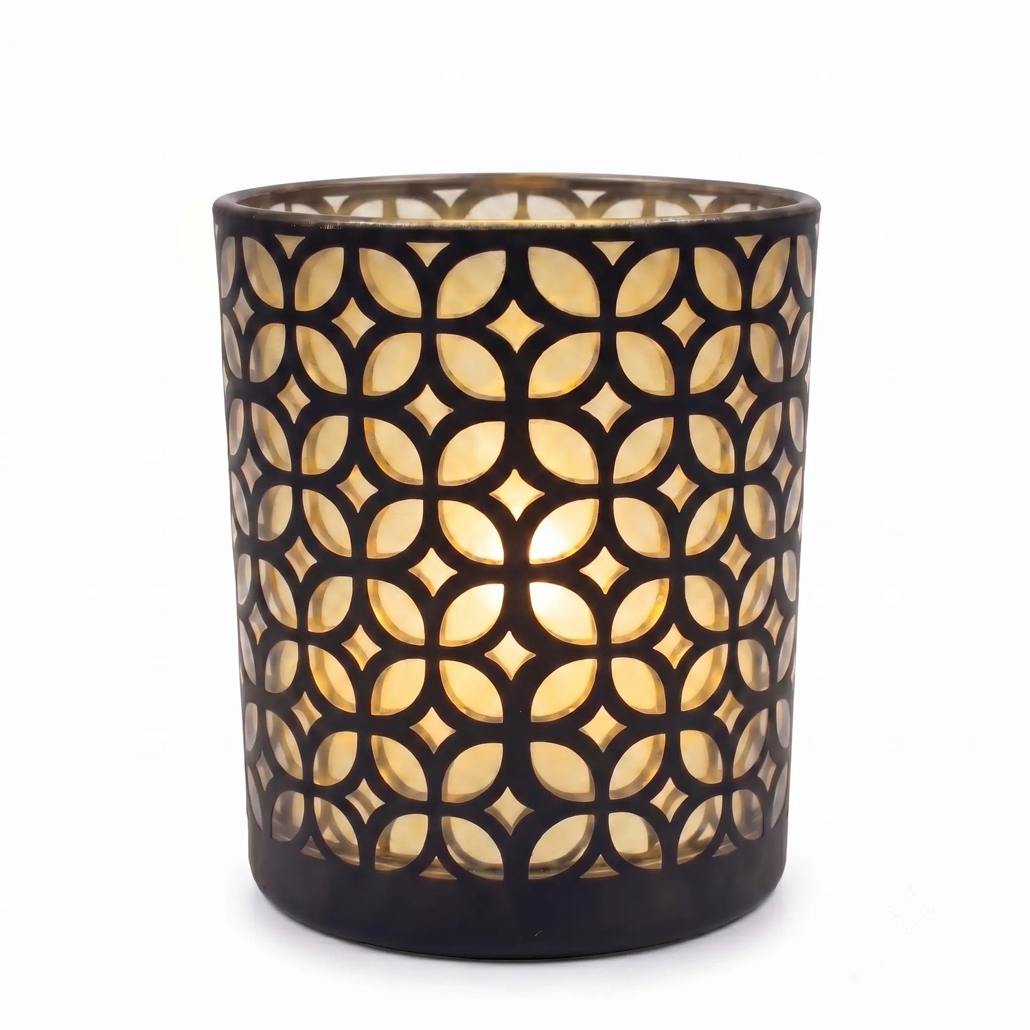 Wholesale matte black and gold interwoven cut out candle vessel 8 oz casting fluid geometric light shadows under spotlight