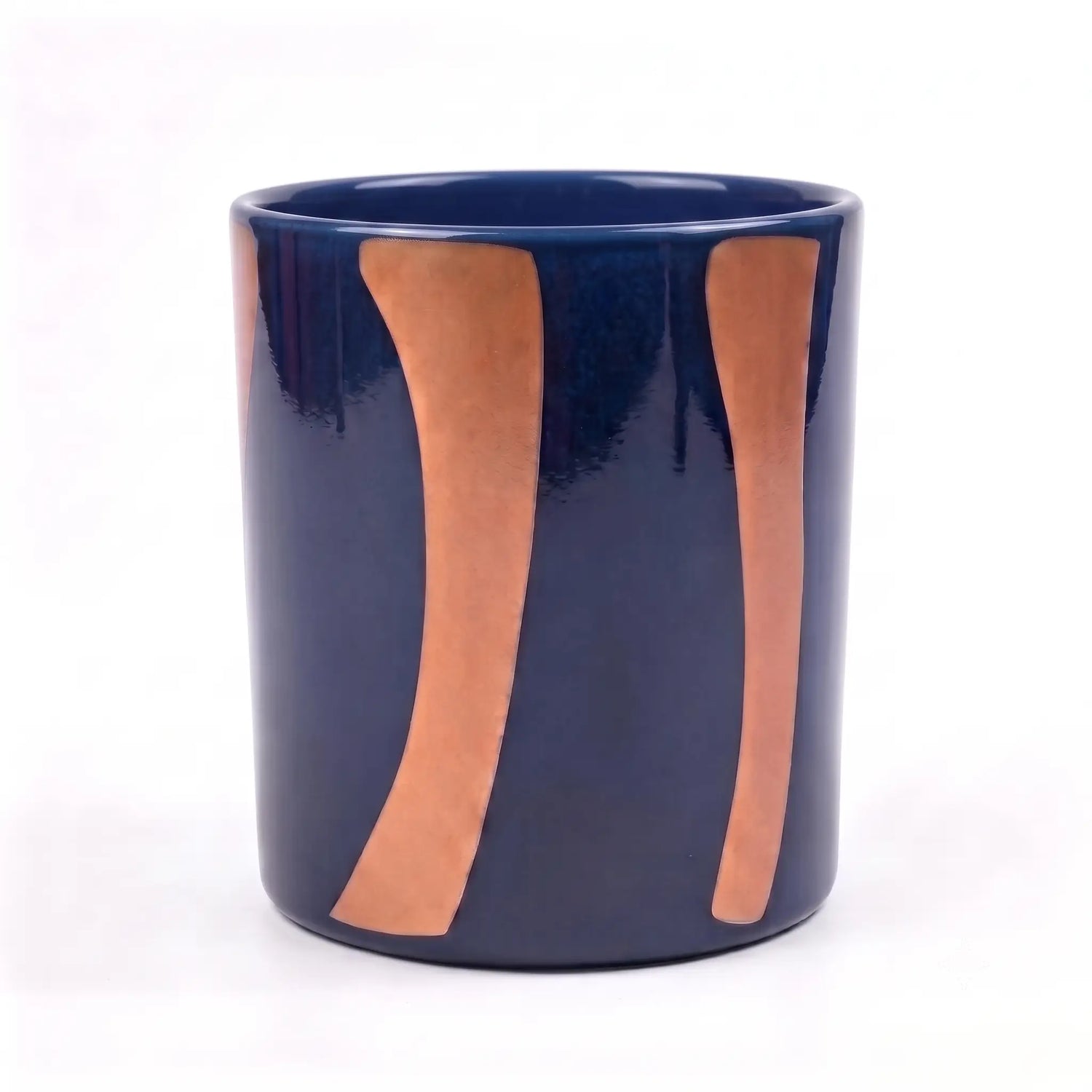 Wholesale smooth modern glass candle vessel 8 oz in military blue and ochre stripe pattern