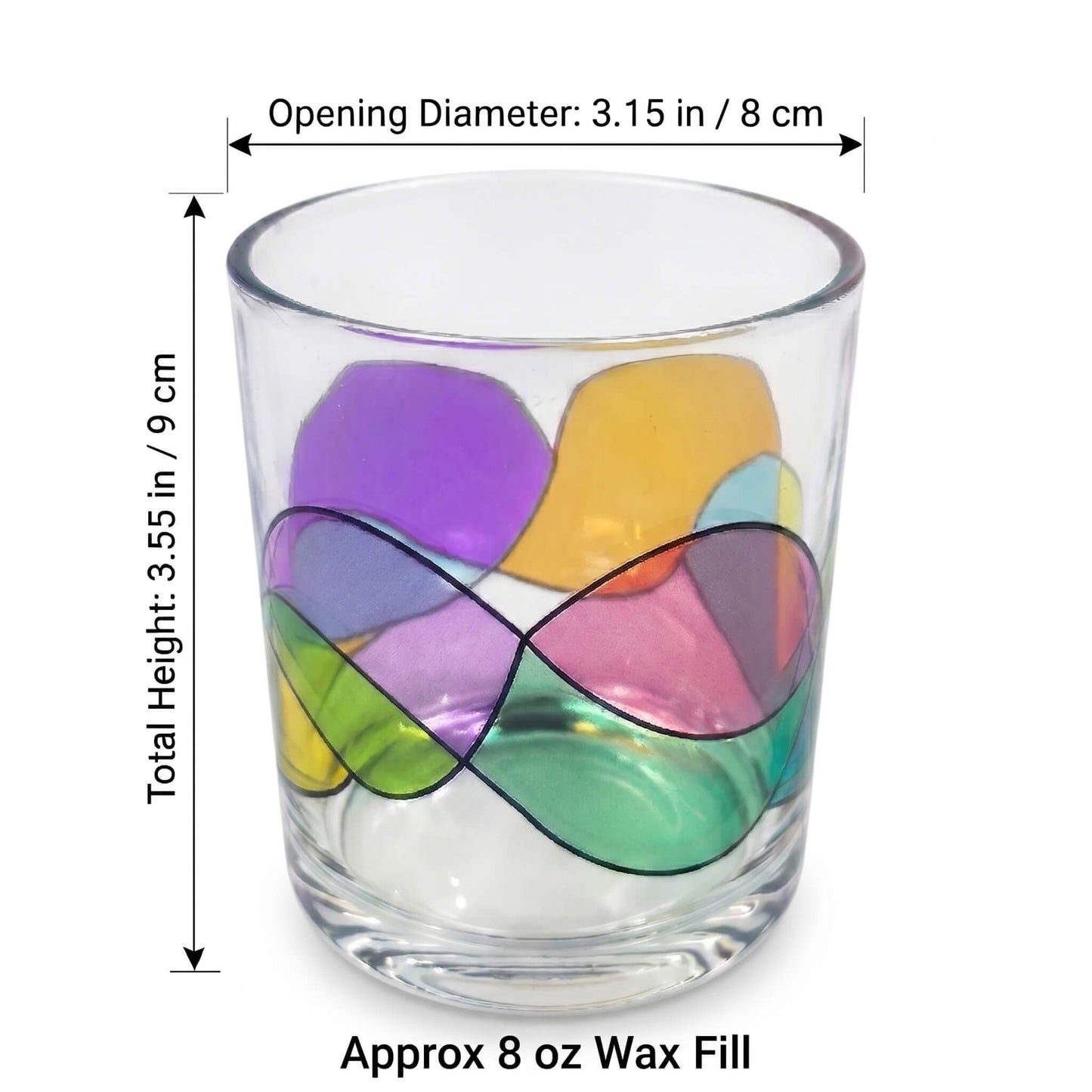 B2B dimension chart for abstract fluid glass candle jar showing 8x9cm size 80mm diameter and 8 oz wax fill capacity