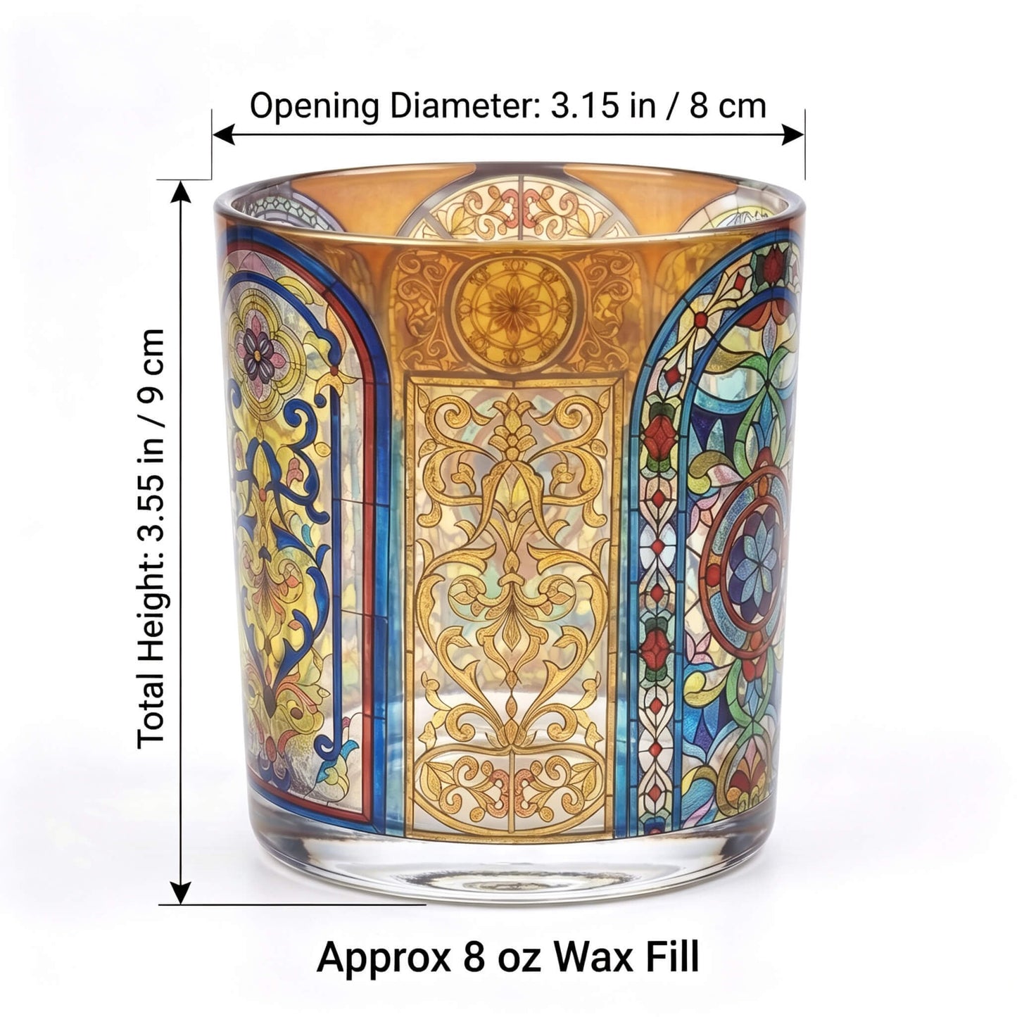 B2B specification chart for Art Deco candle glass showing 8x9cm dimensions and 8 oz wax fill