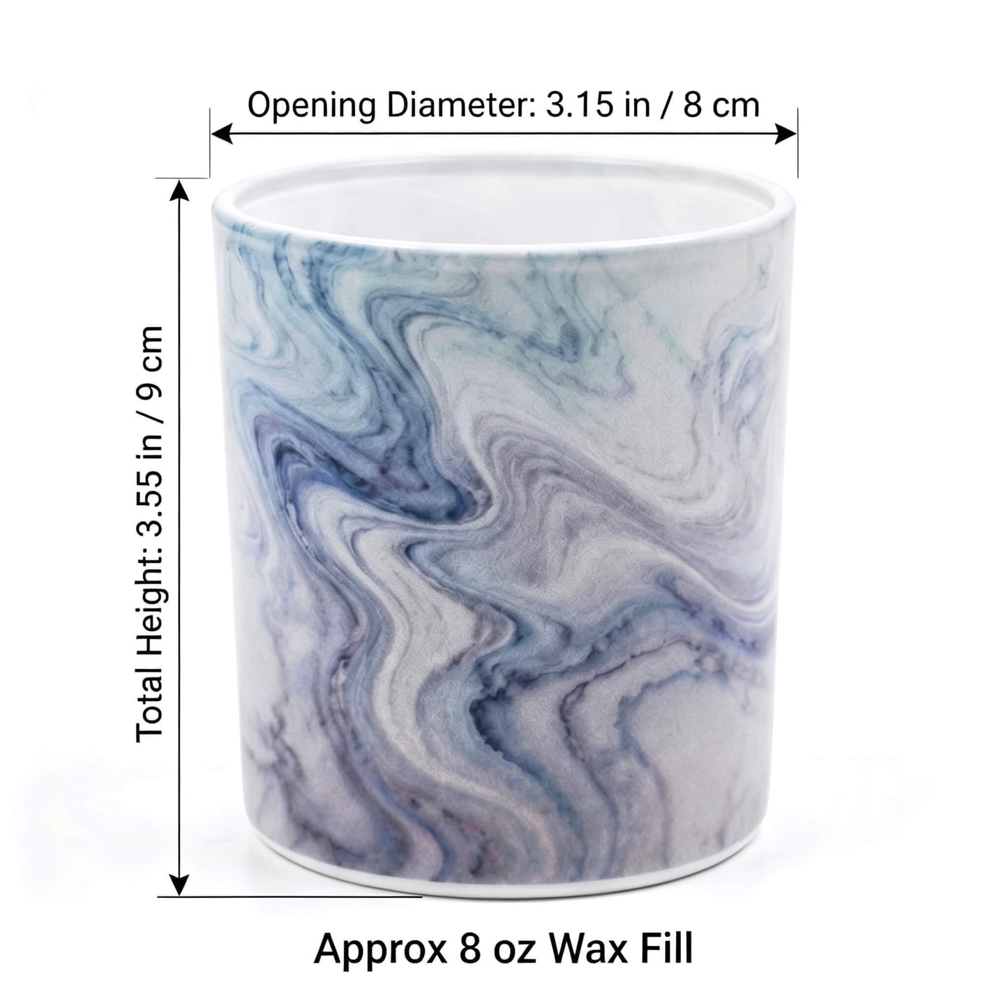 B2B product specification diagram for blue marble candle glass showing 8x9cm dimensions and 8 oz wax fill capacity