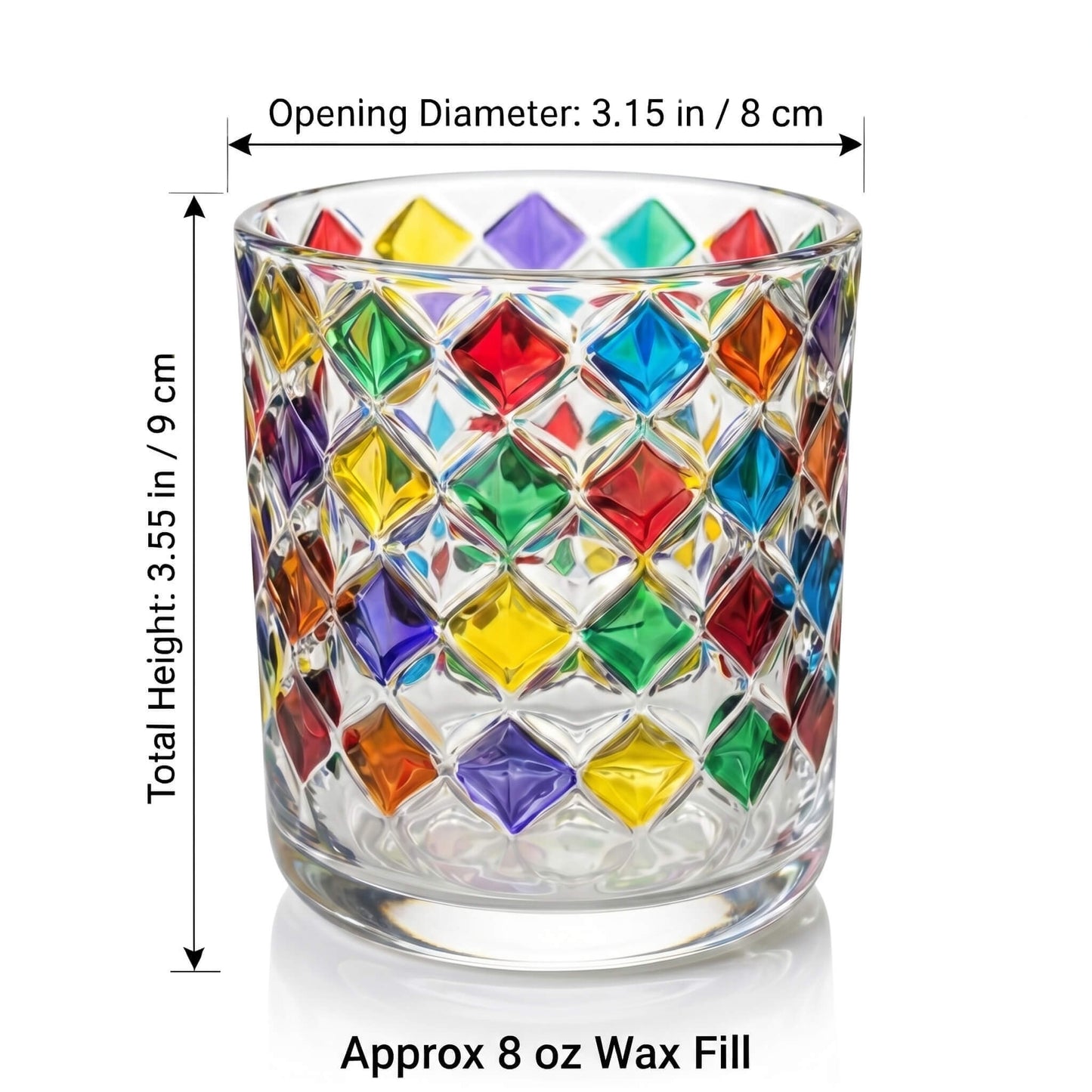 B2B candle vessel dimension chart showing 8x9cm size 80mm diameter and 8 oz wax fill capacity for wholesale