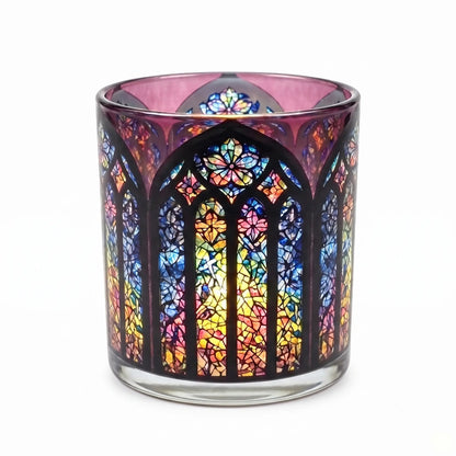 Wholesale Gothic Crimson stained glass candle vessel 8 oz with ruby and amethyst tones