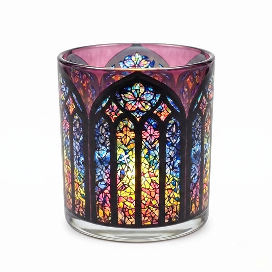 Wholesale Gothic Crimson stained glass candle vessel 8 oz with ruby and amethyst tones