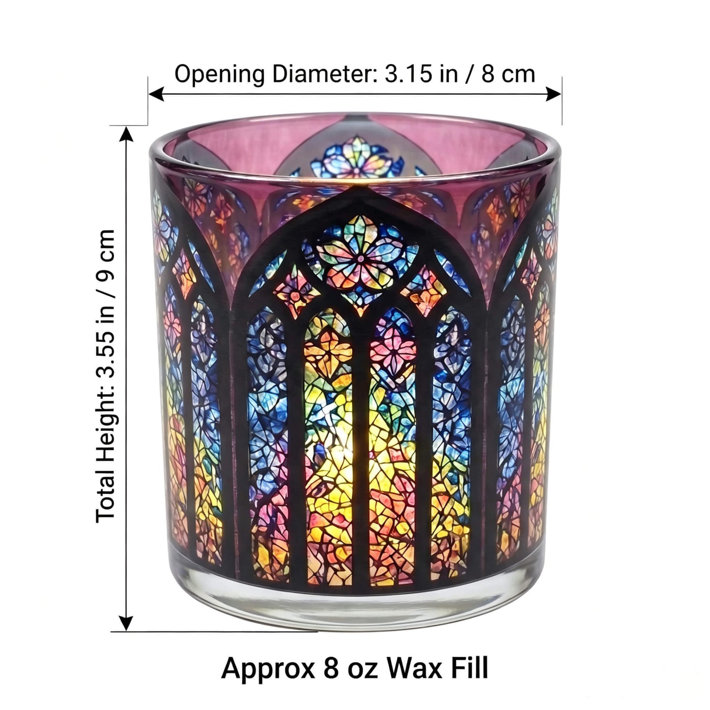 B2B dimension chart for Gothic Crimson candle glass showing 8x9cm size and 8 oz wax fill capacity
