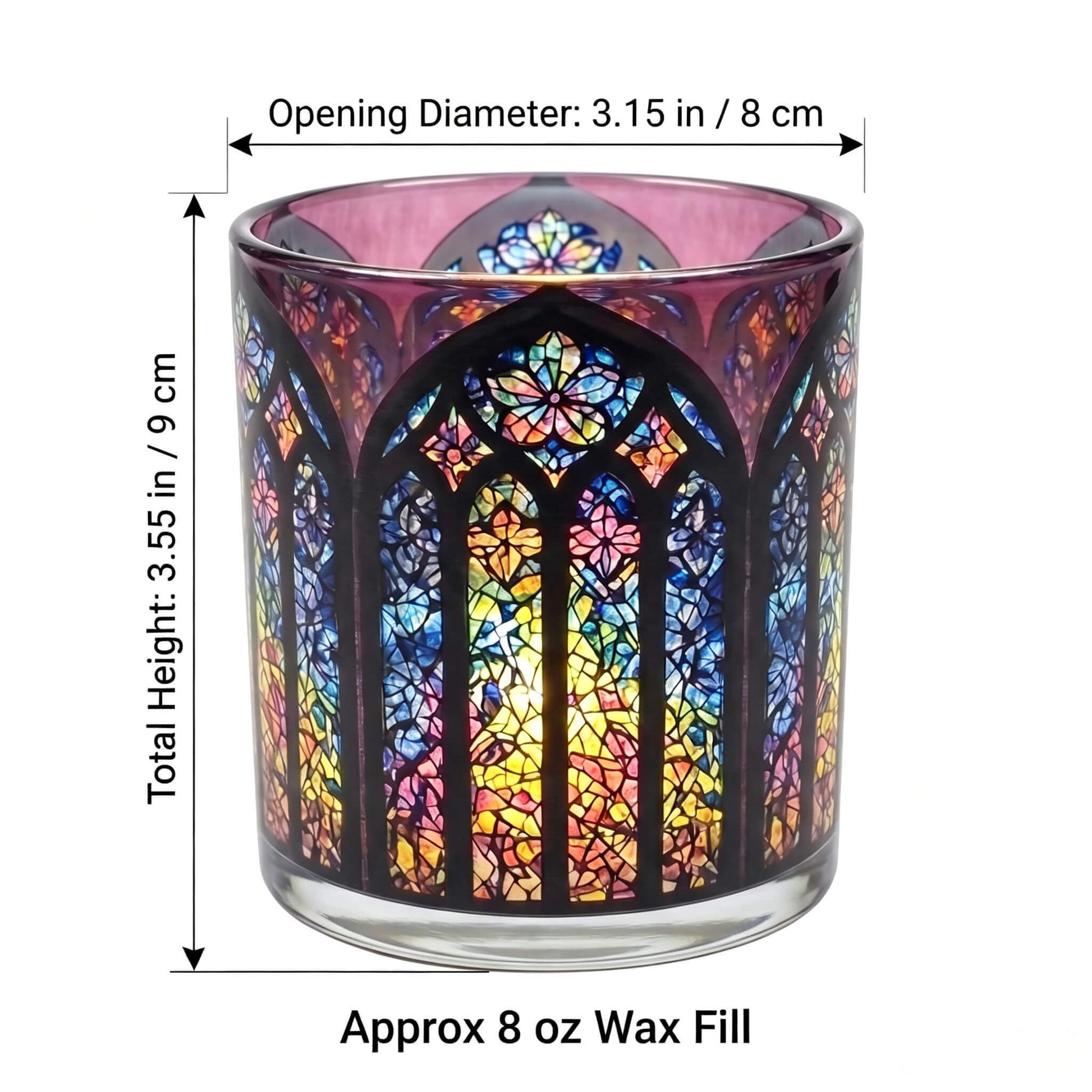 B2B dimension chart for Gothic Crimson candle glass showing 8x9cm size and 8 oz wax fill capacity