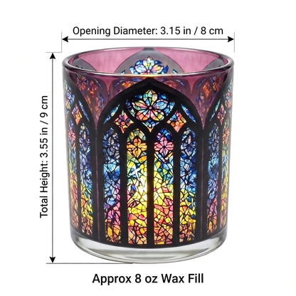 B2B dimension chart for Gothic Crimson candle glass showing 8x9cm size and 8 oz wax fill capacity