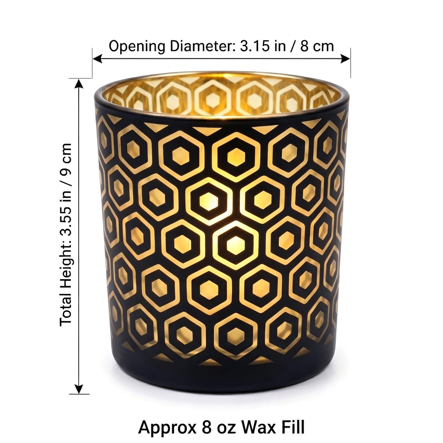 B2B dimension chart for hexagon cut out candle glass showing 8x9cm size and 8 oz wax fill