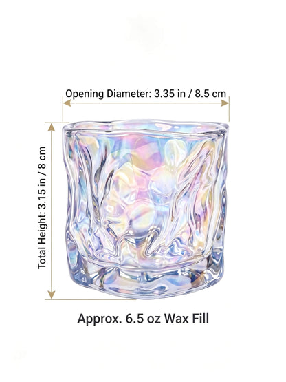 B2B dimension chart for iridescent prism folded candle glass showing 8.5x8cm size and 6.5 oz wax fill capacity