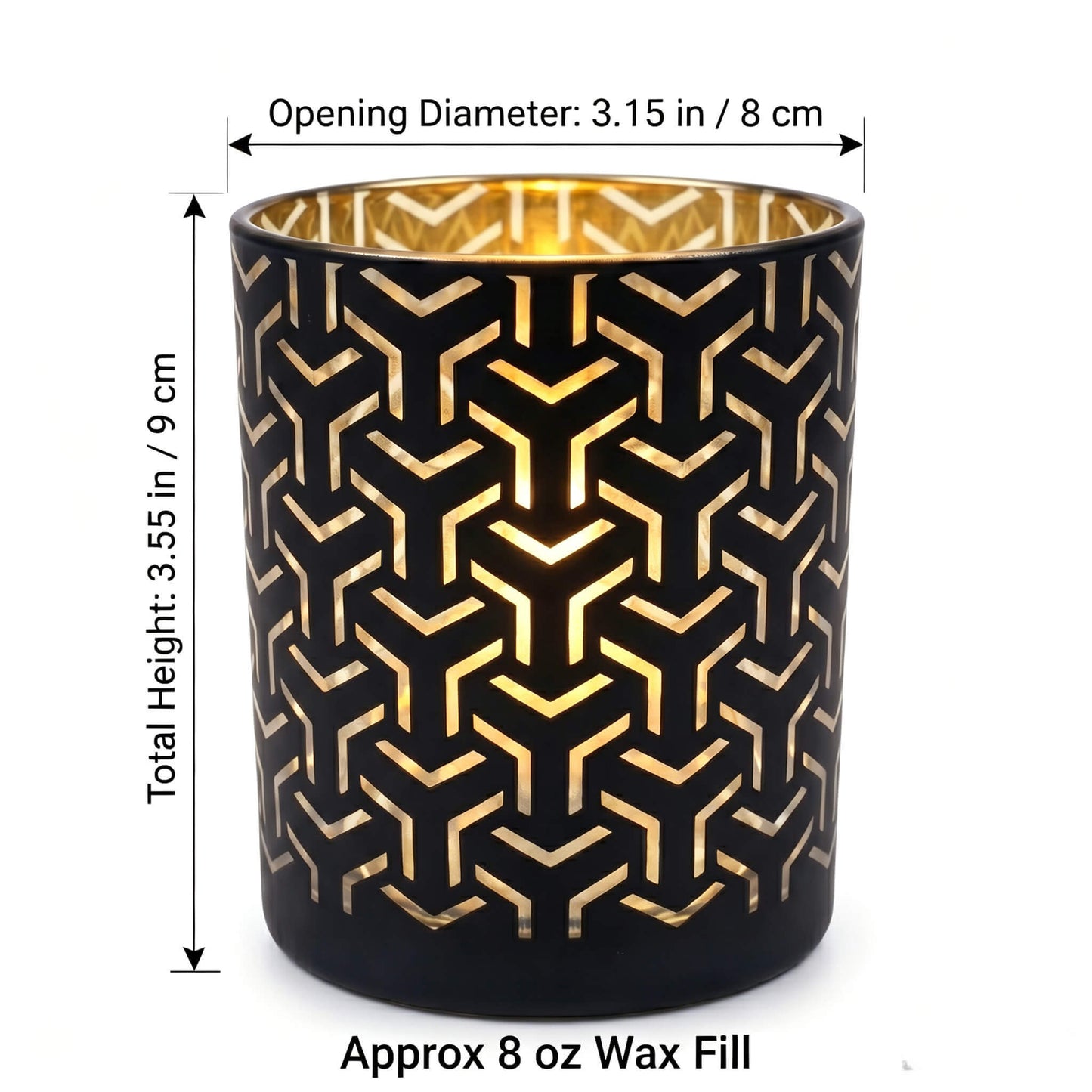 B2B dimension chart for labyrinth cut out candle glass showing 8x9cm size and 8 oz wax fill