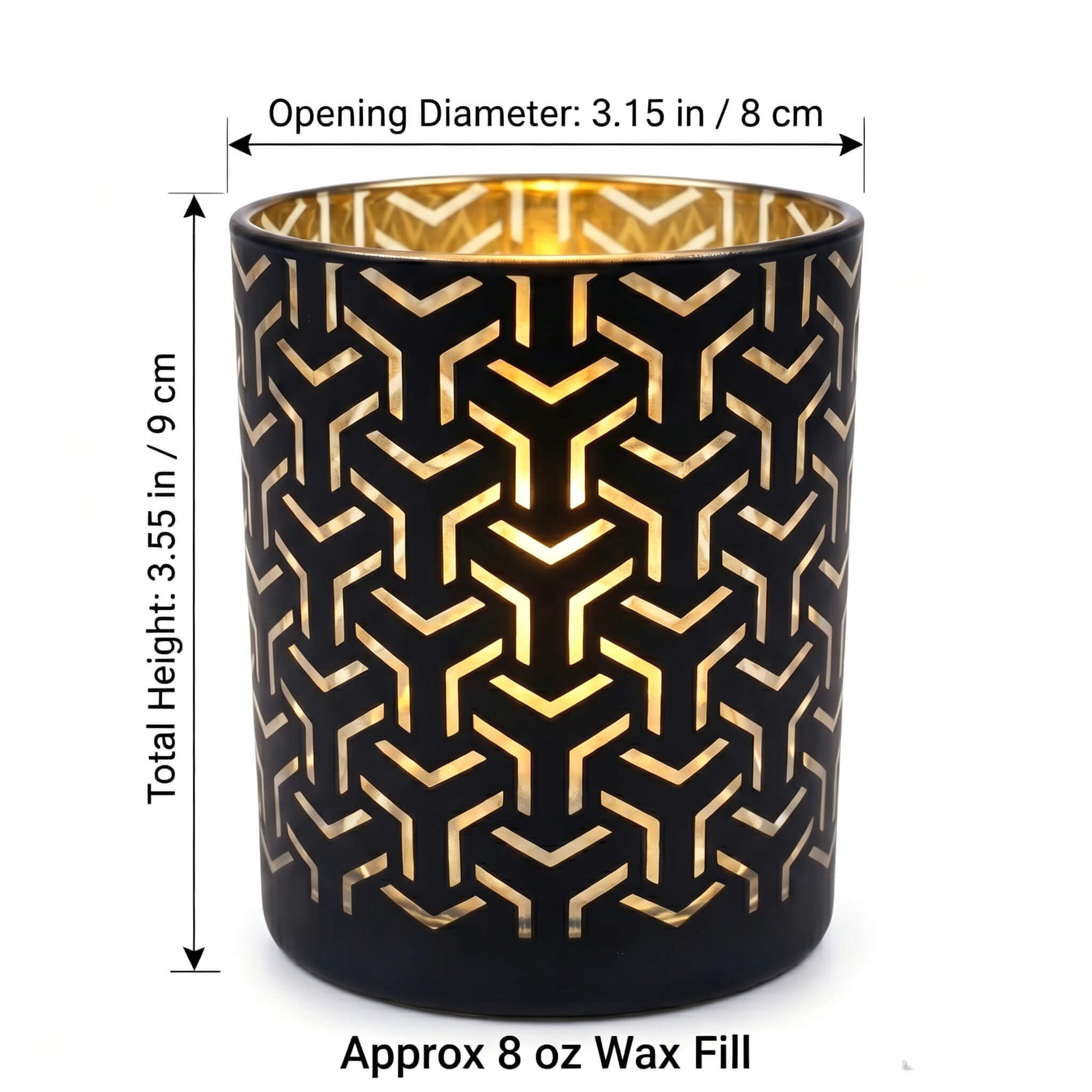 B2B dimension chart for labyrinth cut out candle glass showing 8x9cm size and 8 oz wax fill