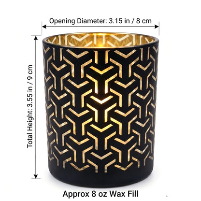 B2B dimension chart for labyrinth cut out candle glass showing 8x9cm size and 8 oz wax fill