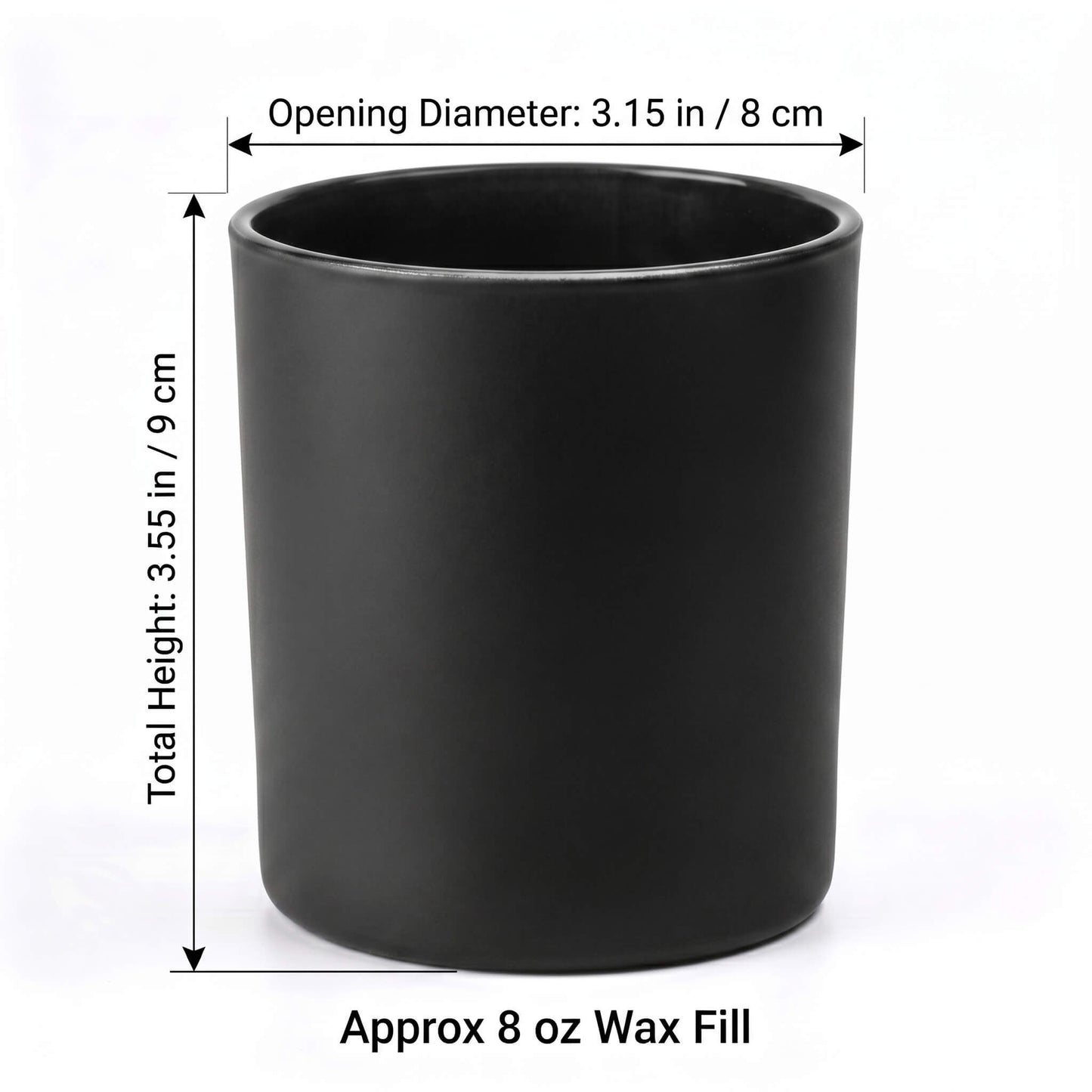B2B product specification diagram for matte black candle jar showing 8x9cm dimensions and 8 oz wax fill capacity