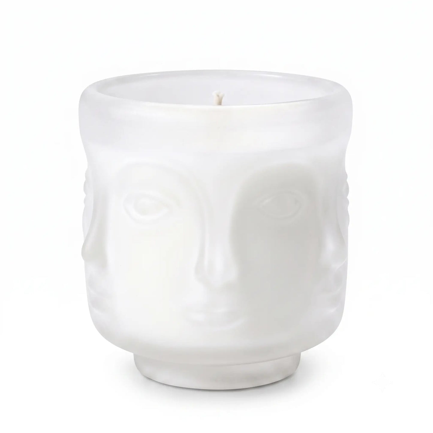 Wholesale matte white 3D sculptural face glass candle vessel 3.5 oz under spotlight