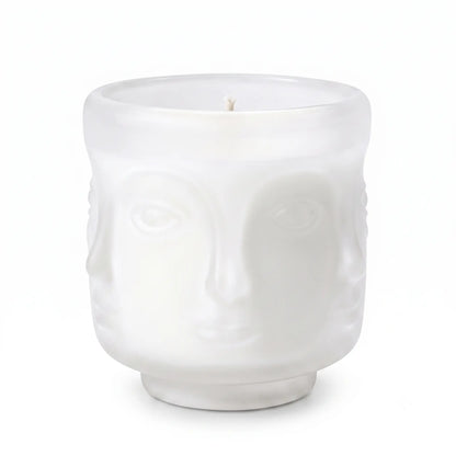 Wholesale matte white 3D sculptural face glass candle vessel 3.5 oz under spotlight