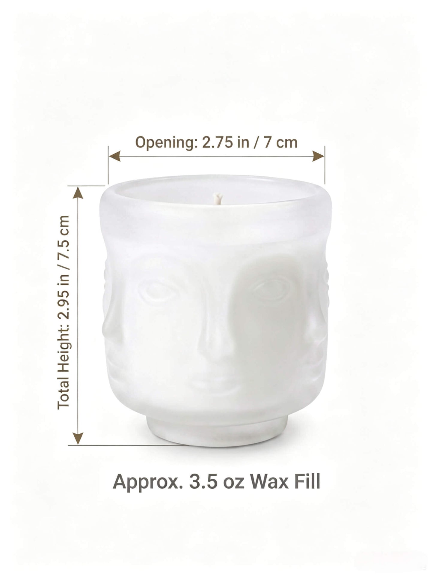 B2B dimension chart for matte white sculptural face candle jar showing 7x7.5cm size and 3.5 oz wax fill