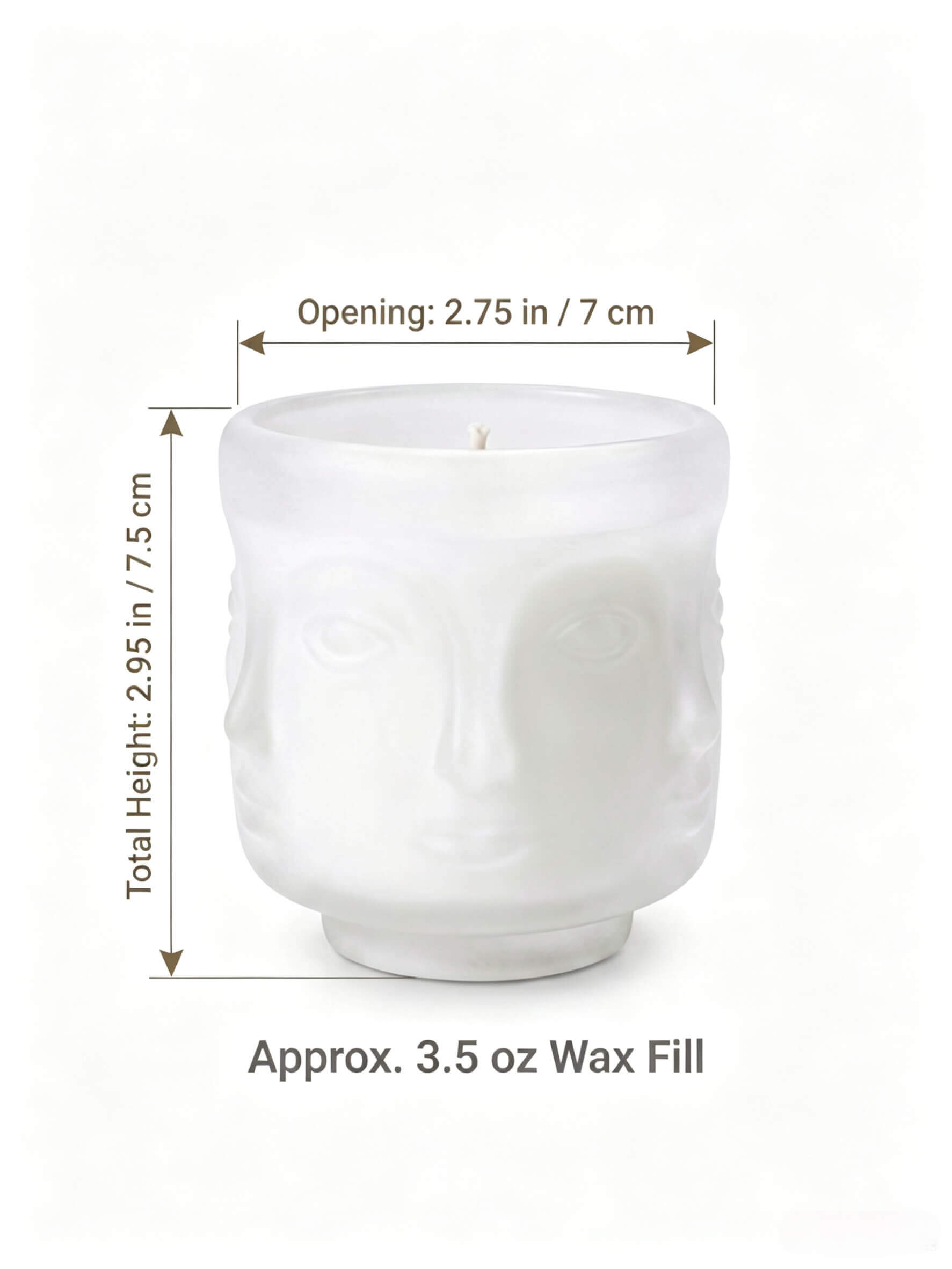 B2B dimension chart for matte white sculptural face candle jar showing 7x7.5cm size and 3.5 oz wax fill