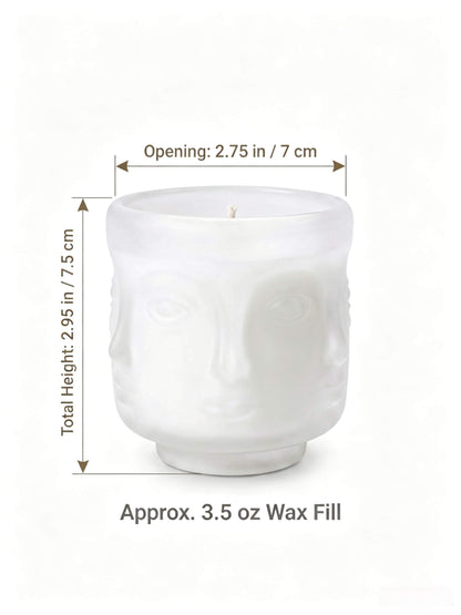 B2B dimension chart for matte white sculptural face candle jar showing 7x7.5cm size and 3.5 oz wax fill