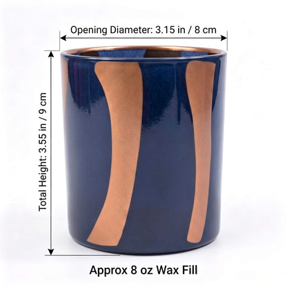 Product specification chart for military blue and ochre Nordic stripe candle glass showing 8x9cm dimensions and 8 oz wax fill capacity
