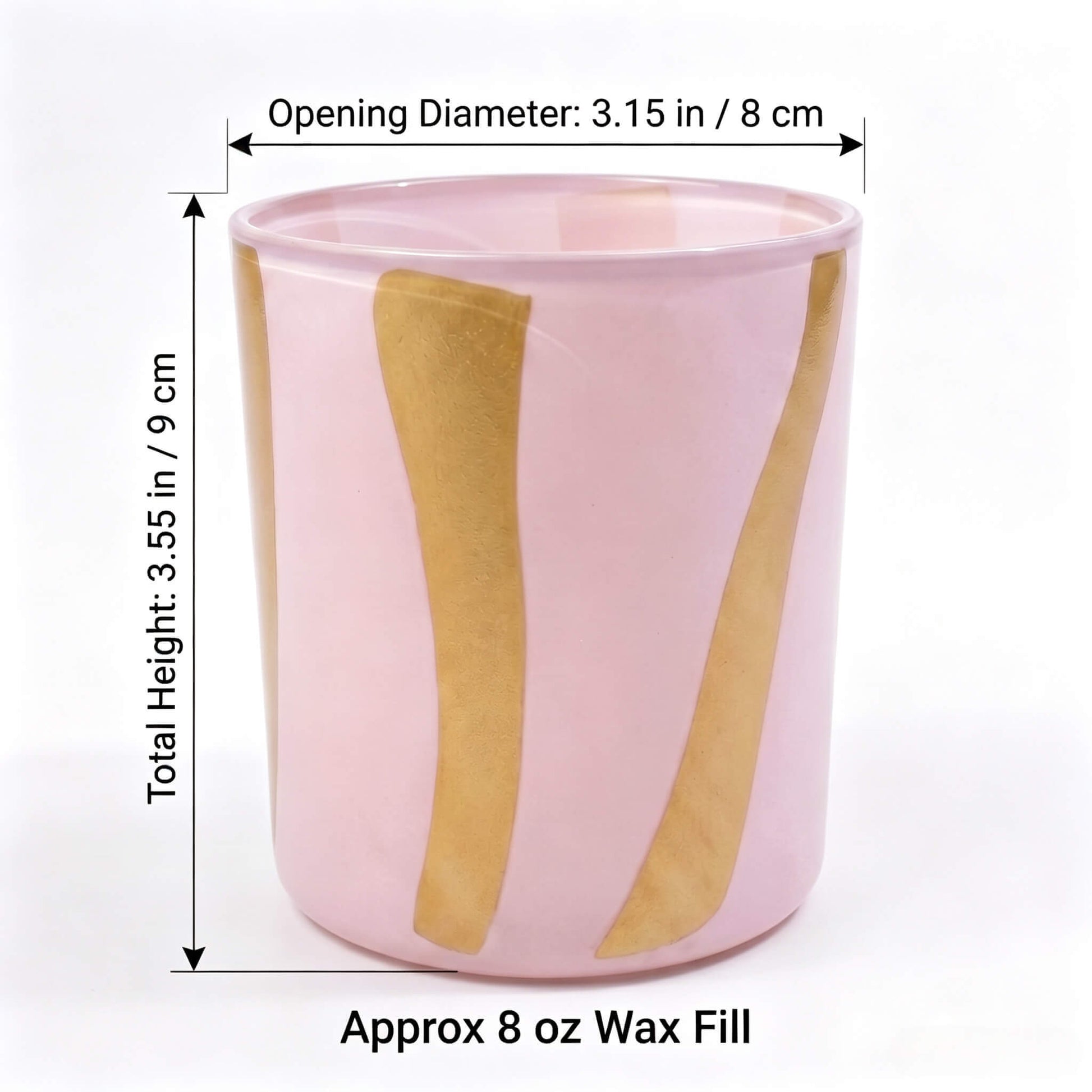 Product specification chart for Nordic stripe candle glass showing 8x9cm dimensions and 8 oz wax fill