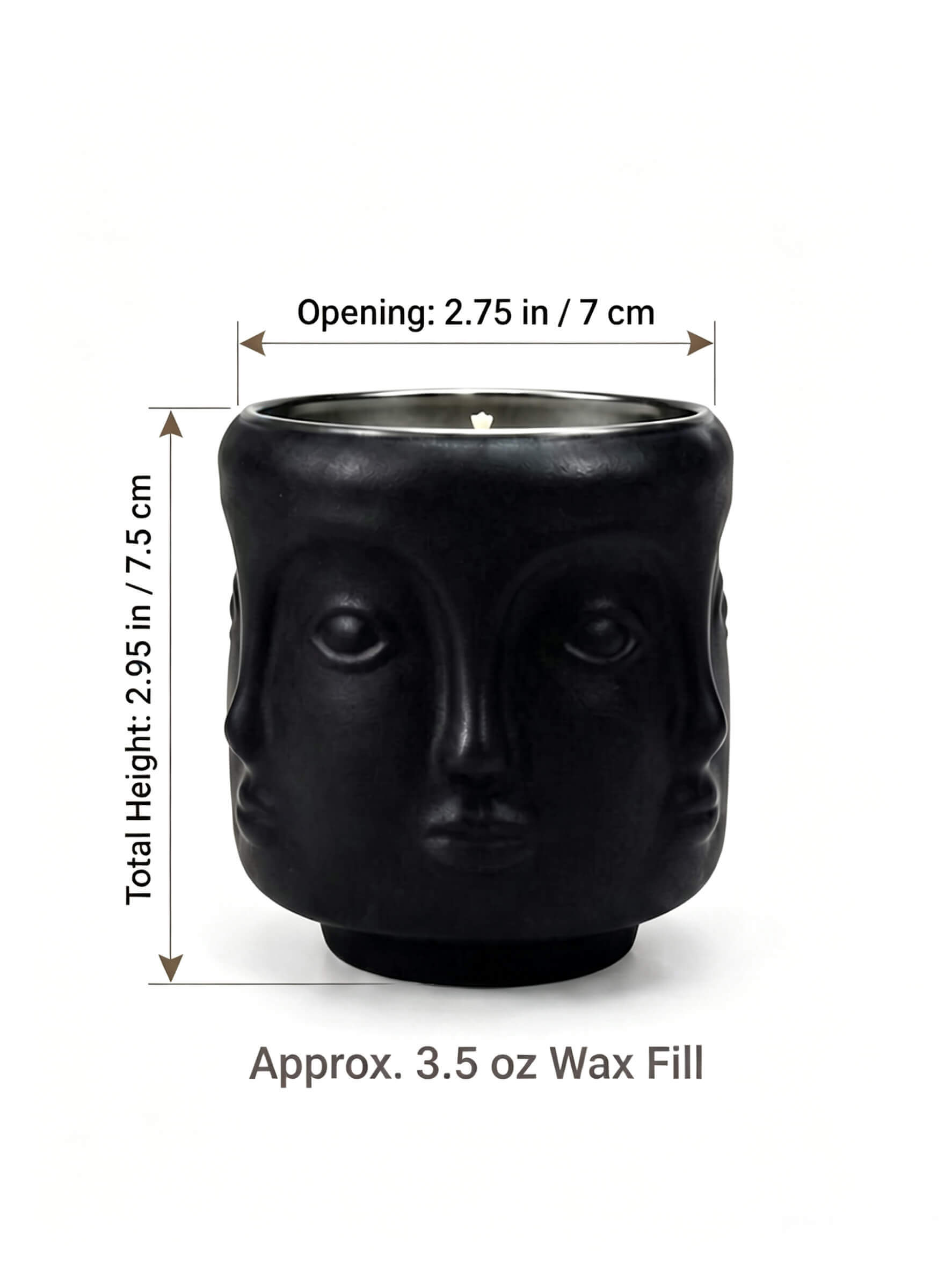 B2B dimension chart for sculptural face candle jar showing 7x7.5cm size and 3.5 oz wax fill