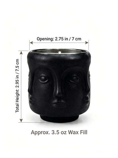 B2B dimension chart for sculptural face candle jar showing 7x7.5cm size and 3.5 oz wax fill