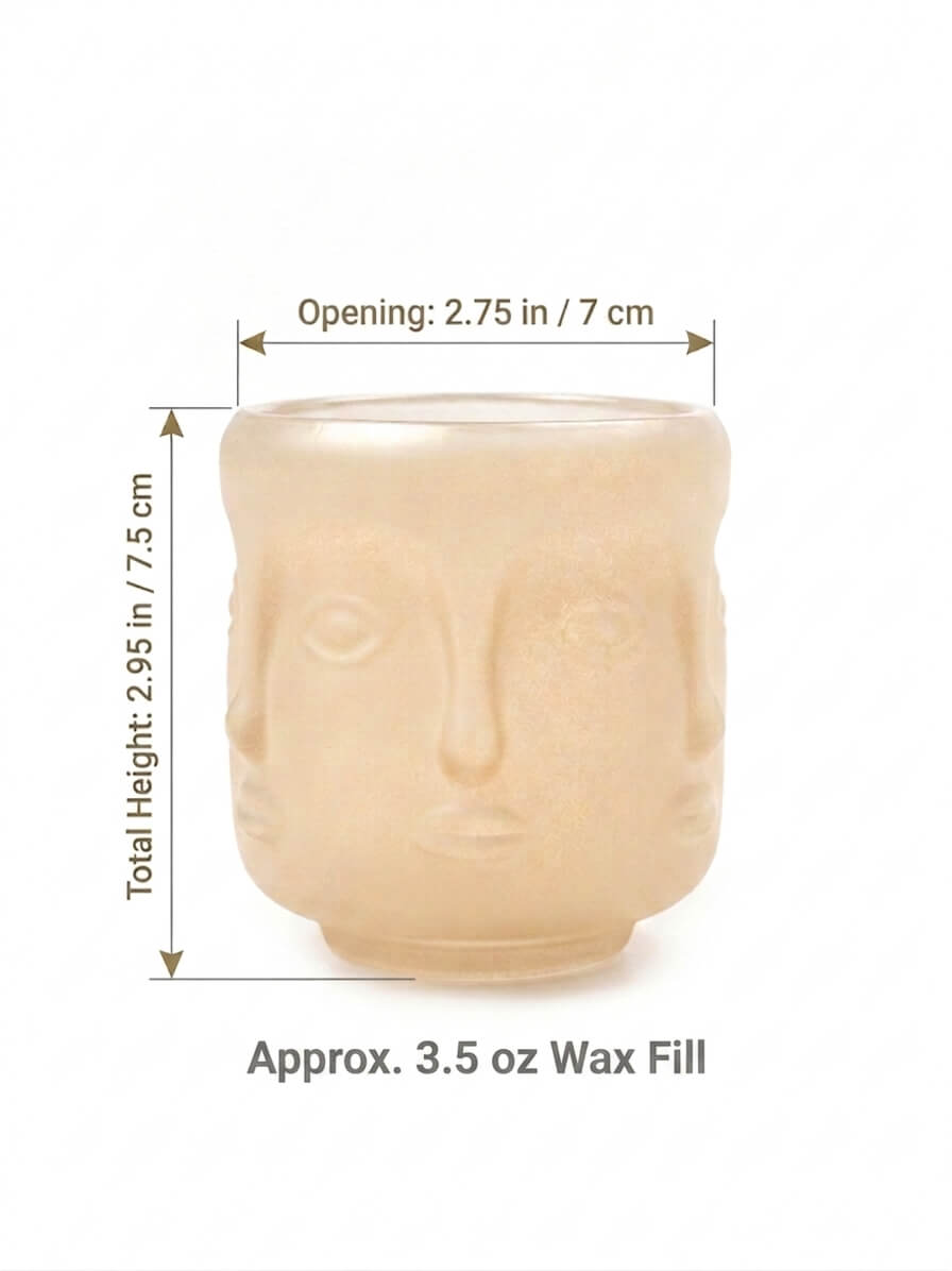 B2B dimension chart for oat sculptural face candle jar showing 7x7.5cm size and 3.5 oz wax fill