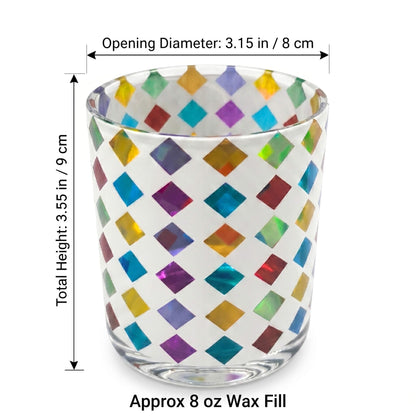 B2B dimension chart for smooth glossy white geometric candle jar showing 8x9cm size 80mm diameter and 8 oz wax fill capacity